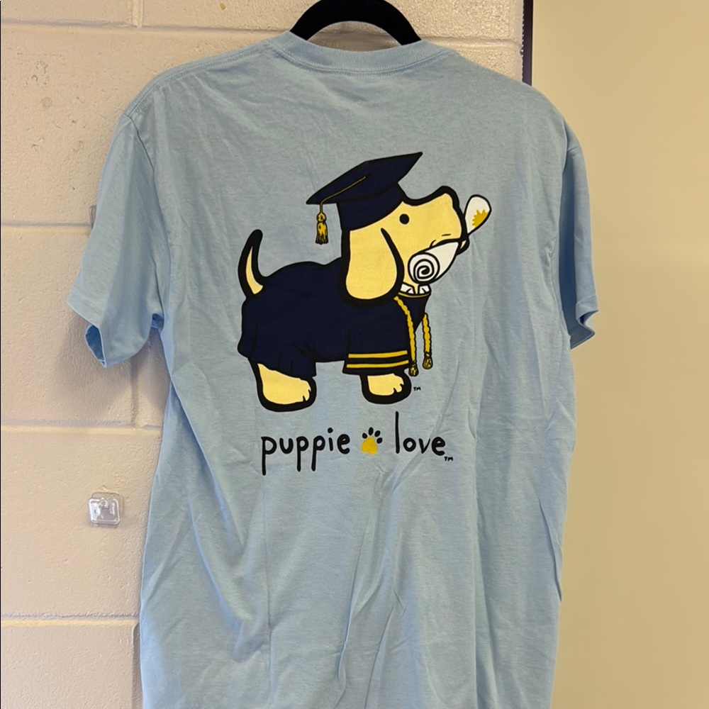 NWT Puppie Love Limited Edition Graduation Light Blue Dog T-Shirt; unisex medium